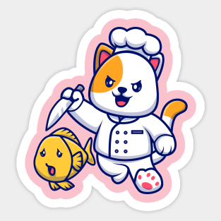 Cute Cat Chef Chasing Fish With Knife Cartoon Sticker